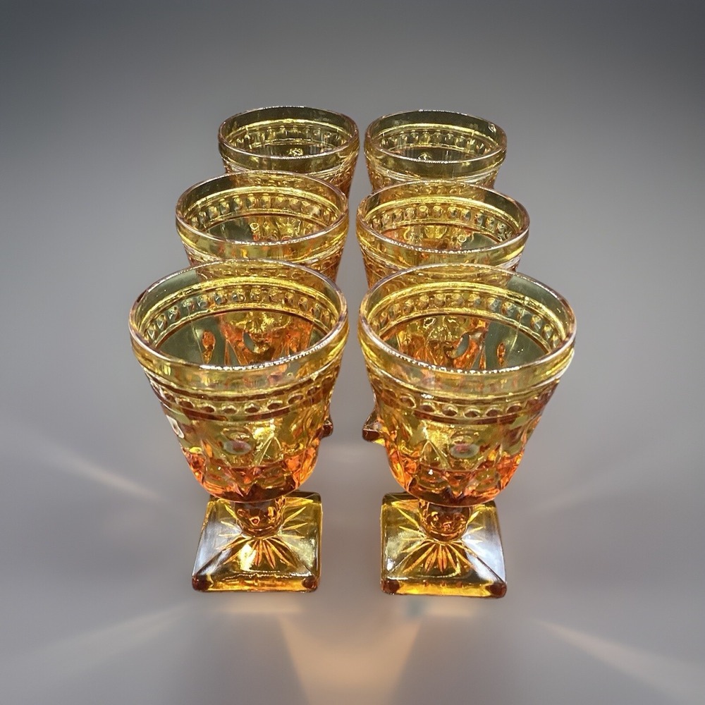 VTG Indiana Glass Colony Park Lane Amber Pedestal Goblets‎ Set Of 6 4.5" Tall